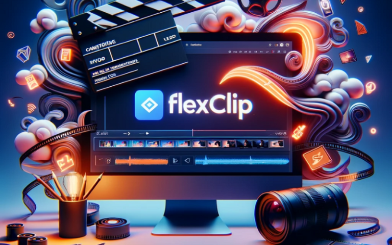 Feature image showcasing FlexClip online video maker with icons representing video editing, including a clapperboard, film reel, and a computer screen displaying the FlexClip interface.