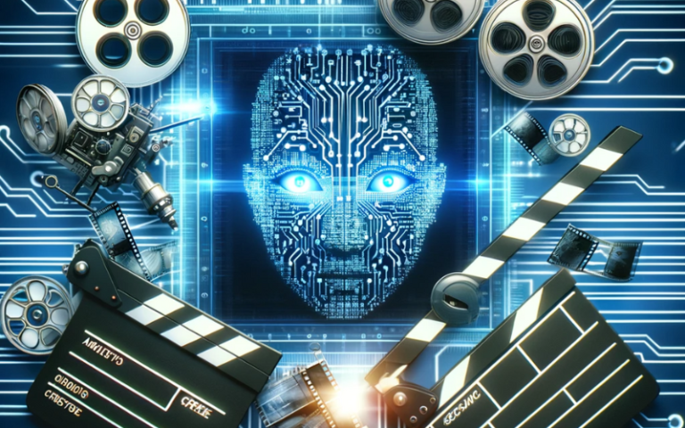 AI Studios blending advanced artificial intelligence with video production - circuit patterns and film reels.