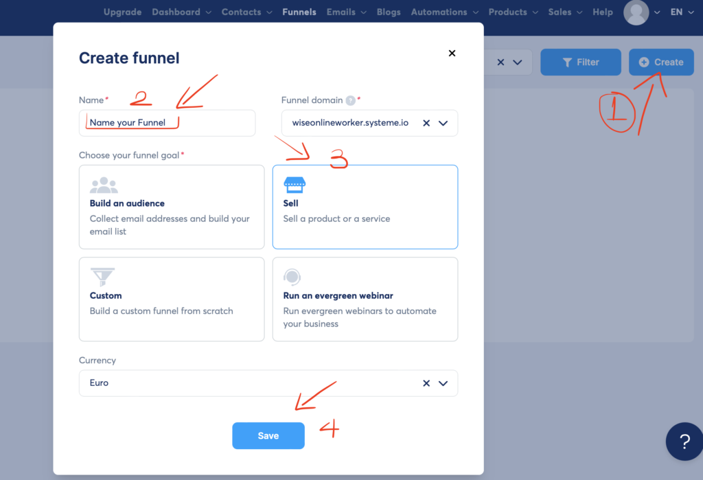 Sales Funnel Builder: A step-by-step visual or video guide showing how to create a sales funnel in Systeme.io.