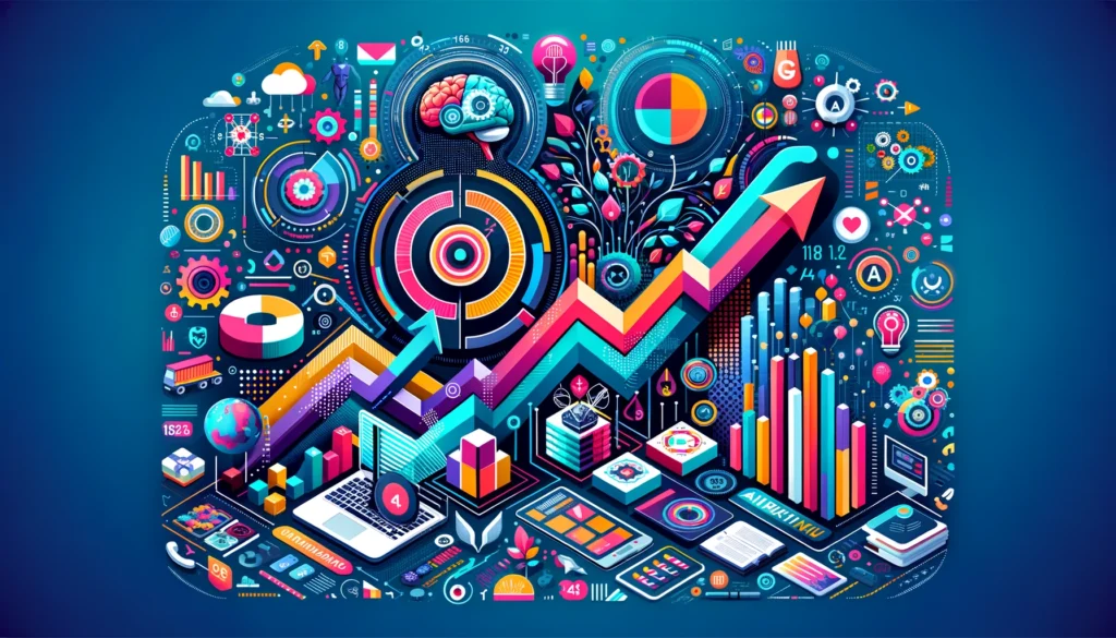 A visually compelling infographic in a 16:9 aspect ratio, showcasing the explosive growth of the generative AI market with vibrant, bold colors. It features dynamic elements such as rising arrows for growth, pie charts for market share, and colorful icons representing industries like healthcare, entertainment, and technology. The design aims to communicate the rapid market expansion, key growth drivers, and the transformative impact of generative AI across various sectors, making the information accessible and engaging for all viewers.